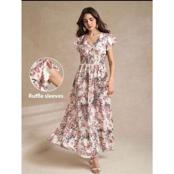 SHEIN Amorya Women's Cap Sleeve Shirred Waist Ditsy Floral Dress L 8 10 large NE - Picture 1 of 11